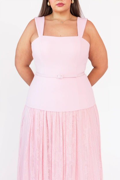 chic size inclusive model wearing JessaKae Jackie Peplum Belted Dress - Pink