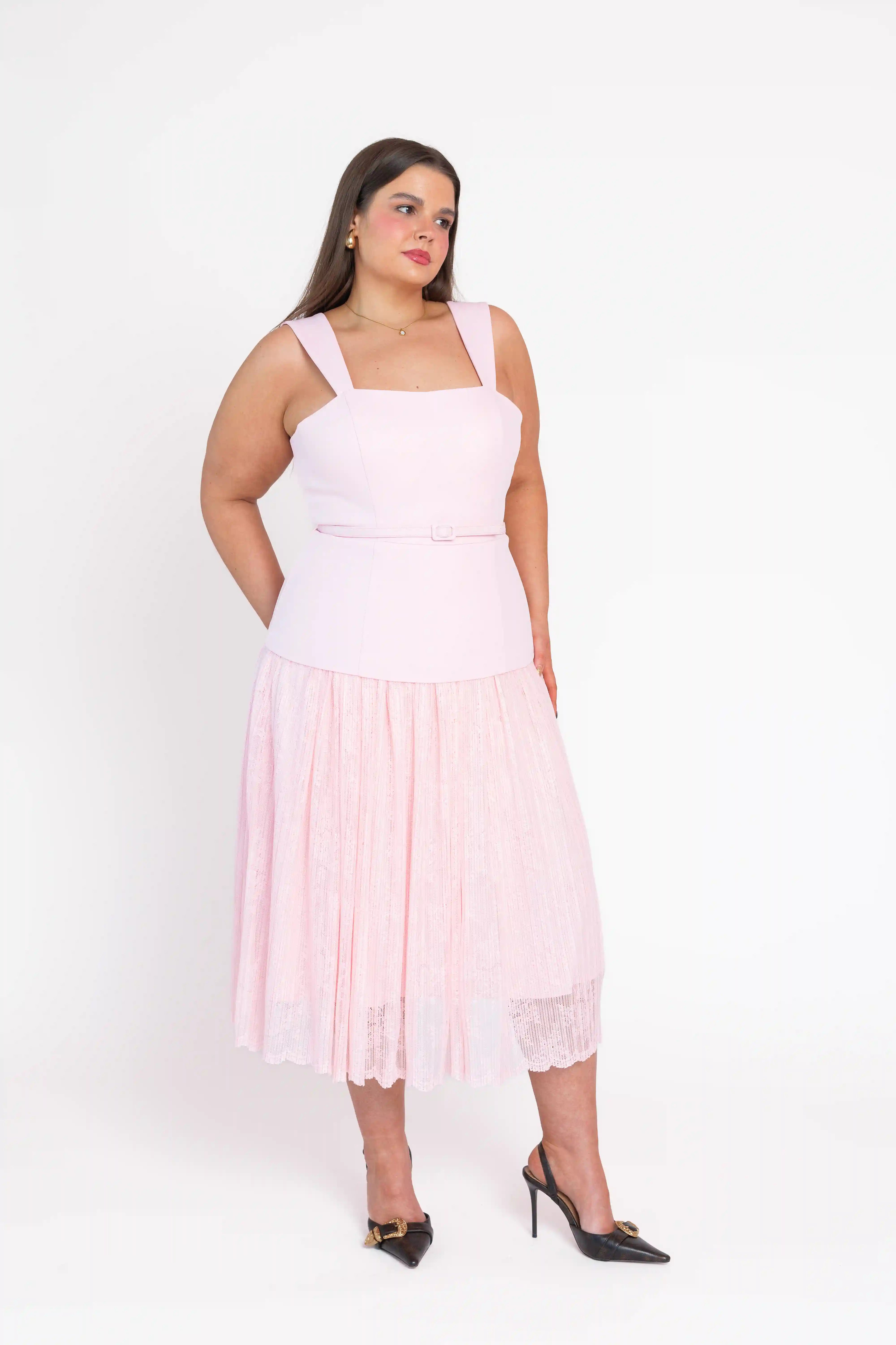 chic size inclusive model wearing JessaKae Jackie Peplum Belted Dress - Pink