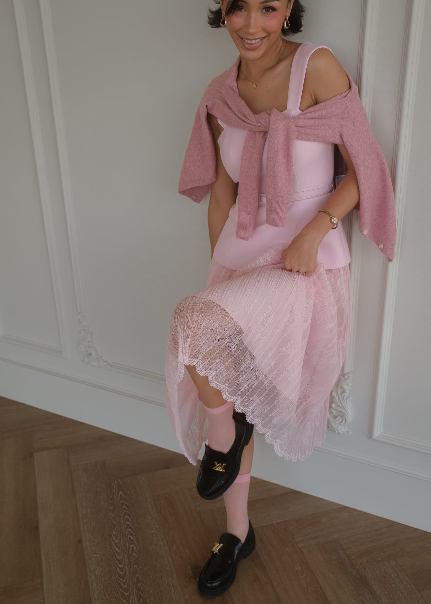 chic size inclusive model wearing JessaKae Jackie Peplum Belted Dress - Pink Dresses