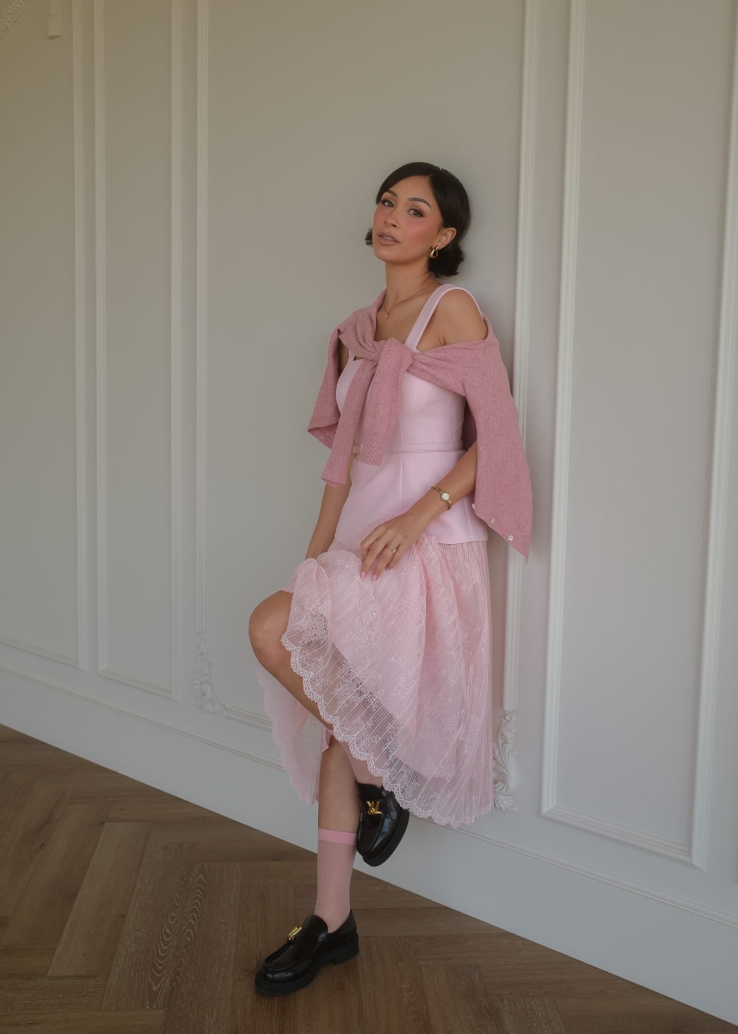 chic size inclusive model wearing JessaKae Jackie Peplum Belted Dress - Pink Dresses