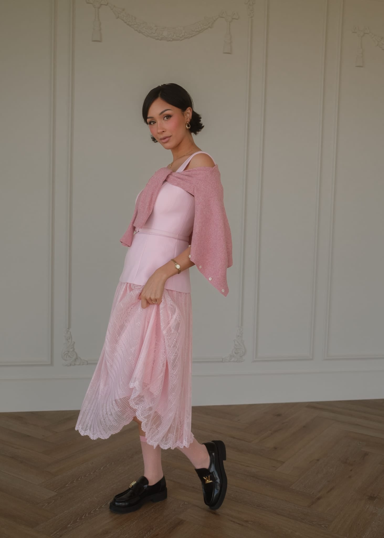 chic size inclusive model wearing JessaKae Jackie Peplum Belted Dress - Pink Dresses