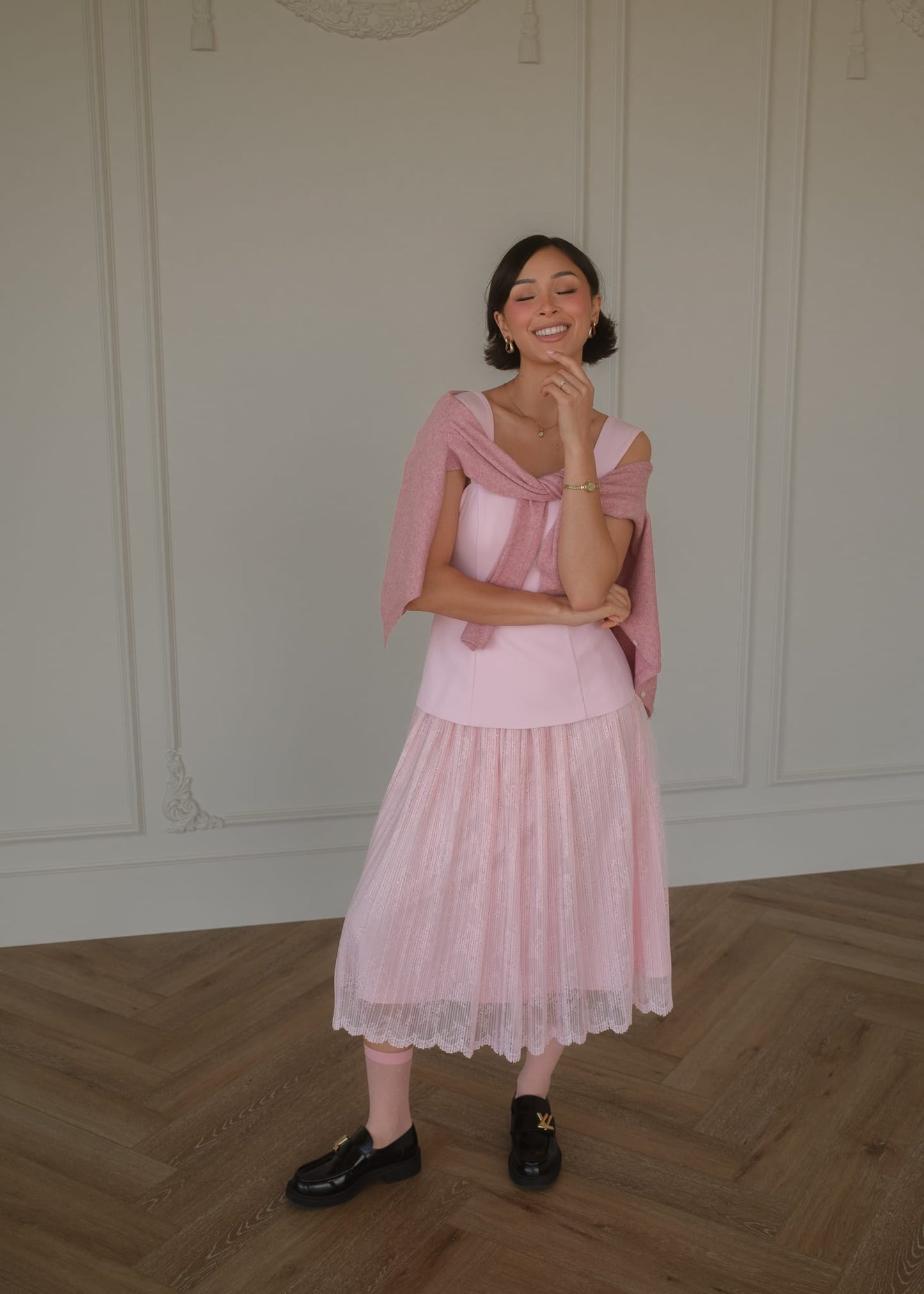 chic size inclusive model wearing JessaKae Jackie Peplum Belted Dress - Pink Dresses