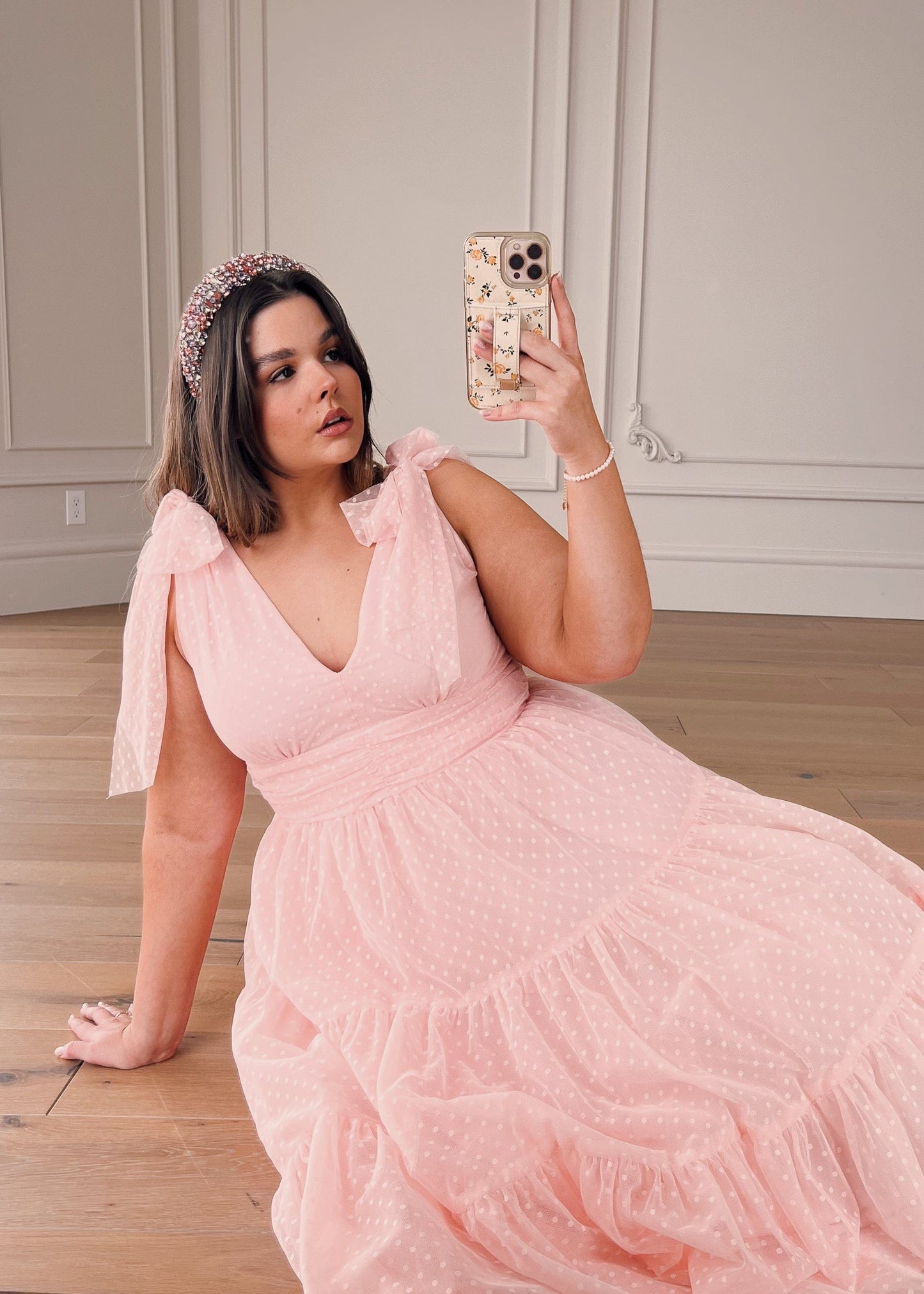 chic size inclusive model wearing JessaKae Jeanne Dress Pink Dresses