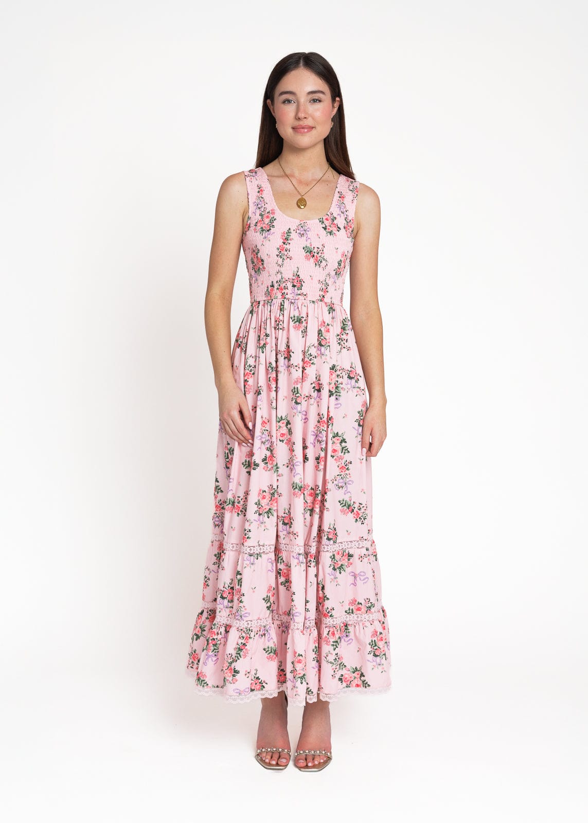 chic size inclusive model wearing JessaKae Juliette Floral Bow Print Maxi Dress - Pink