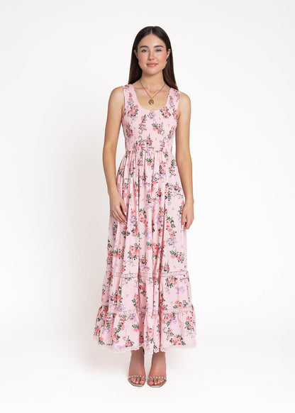 chic size inclusive model wearing JessaKae Juliette Floral Bow Print Maxi Dress - Pink