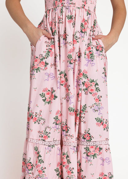 chic size inclusive model wearing JessaKae Juliette Floral Bow Print Maxi Dress - Pink
