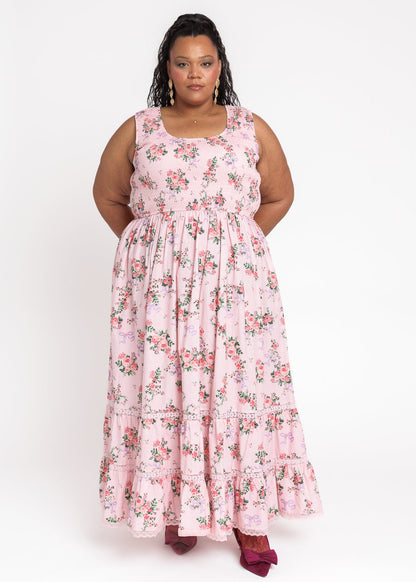 chic size inclusive model wearing JessaKae Juliette Floral Bow Print Maxi Dress - Pink