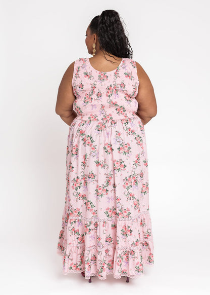 chic size inclusive model wearing JessaKae Juliette Floral Bow Print Maxi Dress - Pink