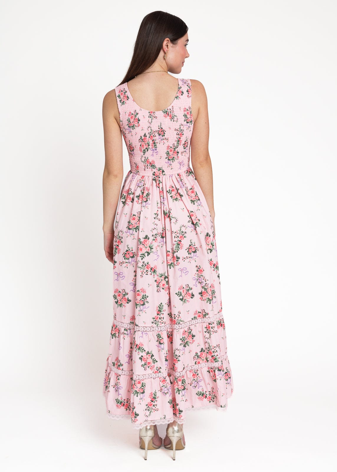 chic size inclusive model wearing JessaKae Juliette Floral Bow Print Maxi Dress - Pink