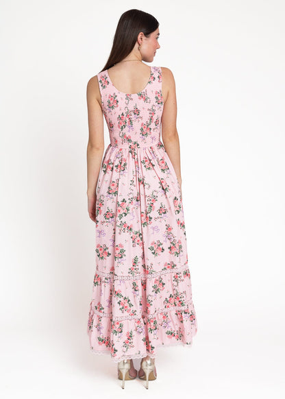 chic size inclusive model wearing JessaKae Juliette Floral Bow Print Maxi Dress - Pink