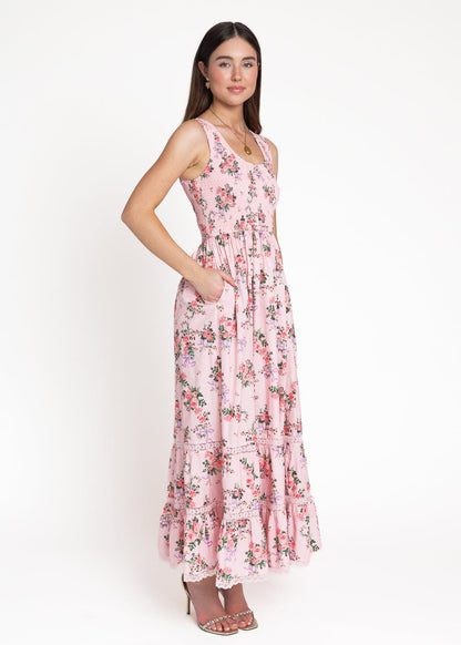 chic size inclusive model wearing JessaKae Juliette Floral Bow Print Maxi Dress - Pink