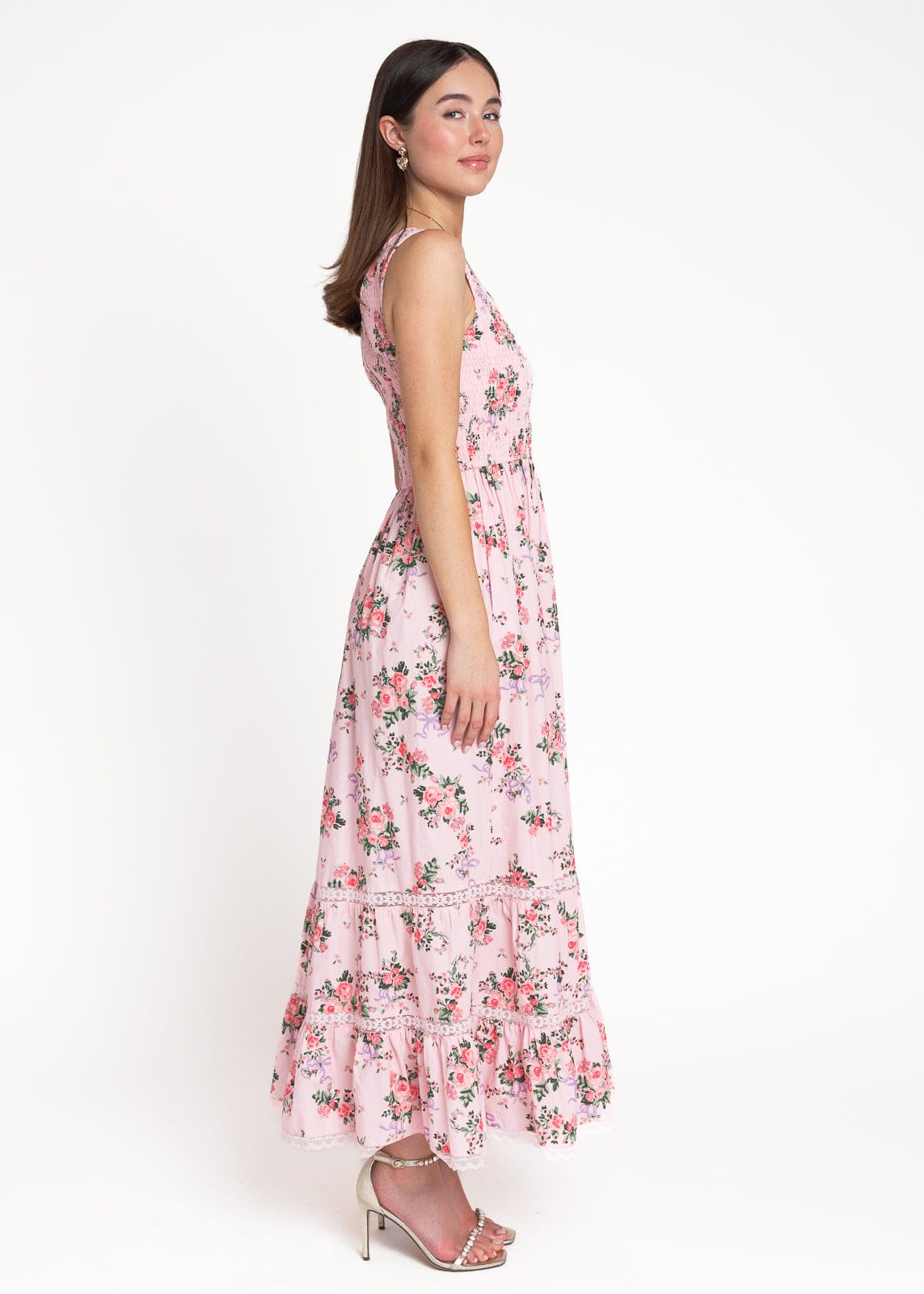 chic size inclusive model wearing JessaKae Juliette Floral Bow Print Maxi Dress - Pink