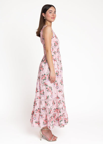 chic size inclusive model wearing JessaKae Juliette Floral Bow Print Maxi Dress - Pink