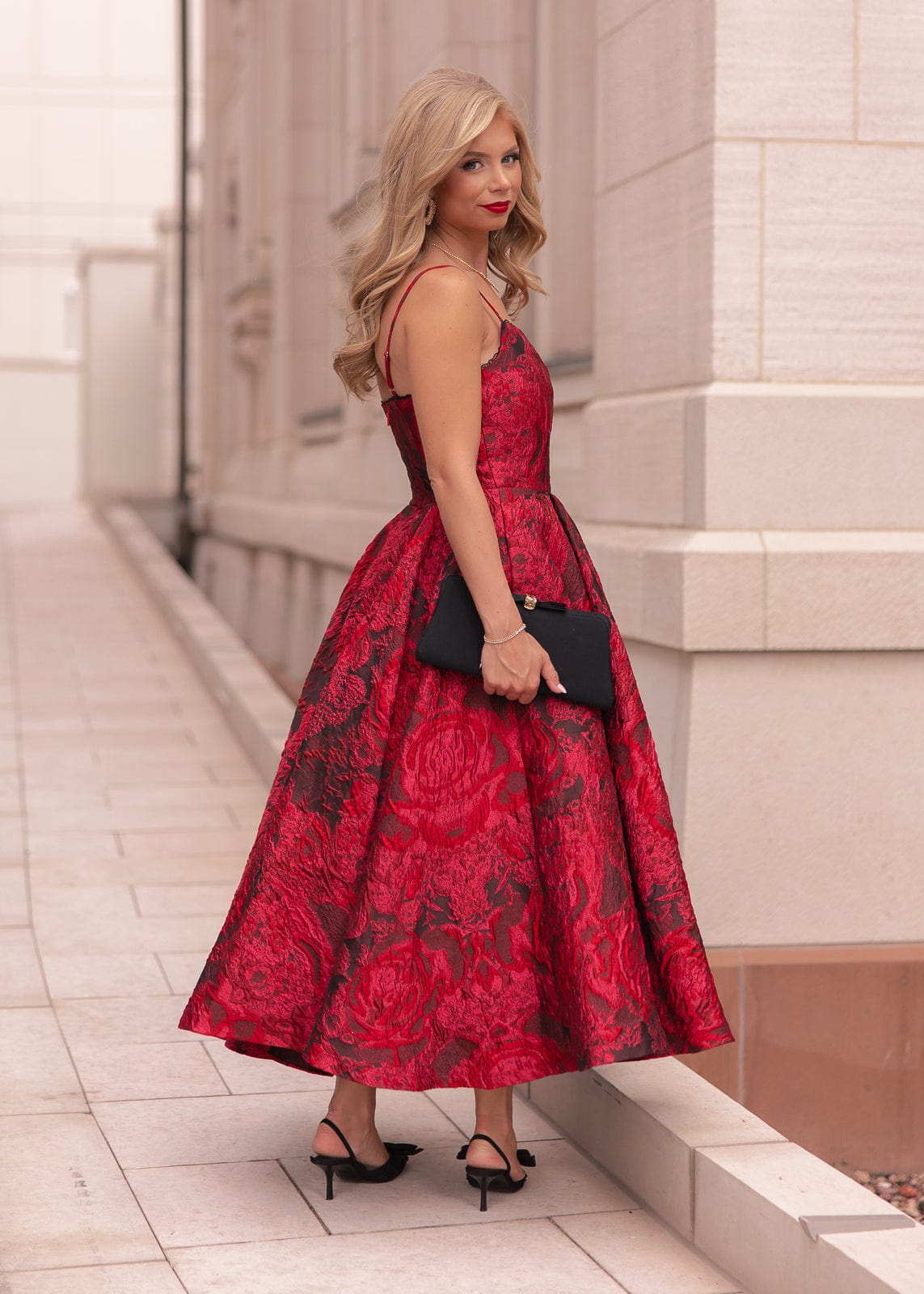 chinese dress ladies Kelly A-line Jacquard Midi Dress - Red | Occasion Dress in Sizes XXS–6X
