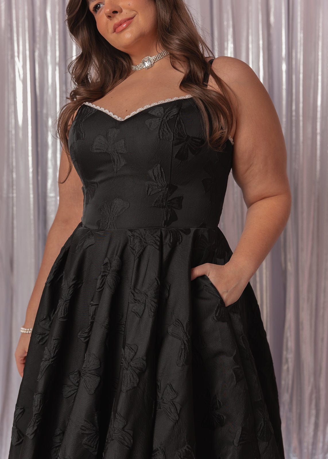 chic size inclusive model wearing JessaKae Kelly Midi Formal Dress - Black