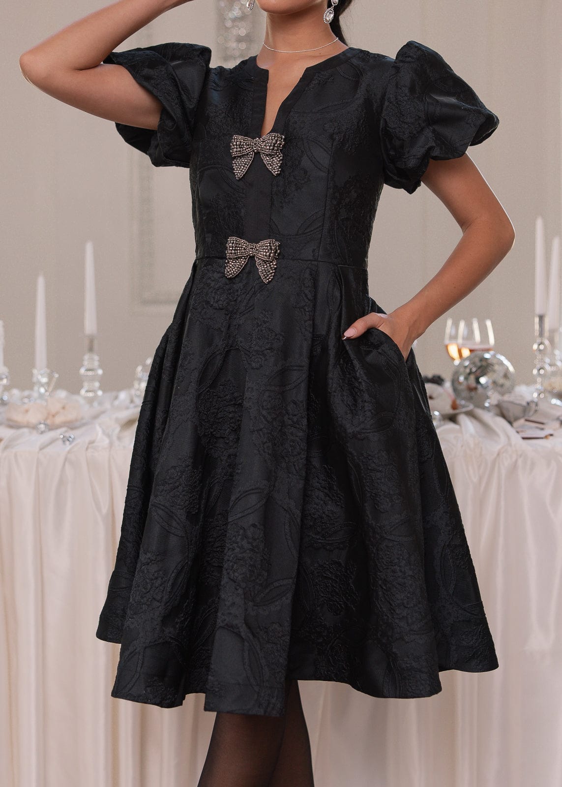Lennon Jacquard Knee Length Dress - Black | Occasion Dress in Sizes XXS6X | JessaKae Lennon Jacquard Knee Length Dress - Black | Occasion Dress in Sizes XXS6X | JessaKae
