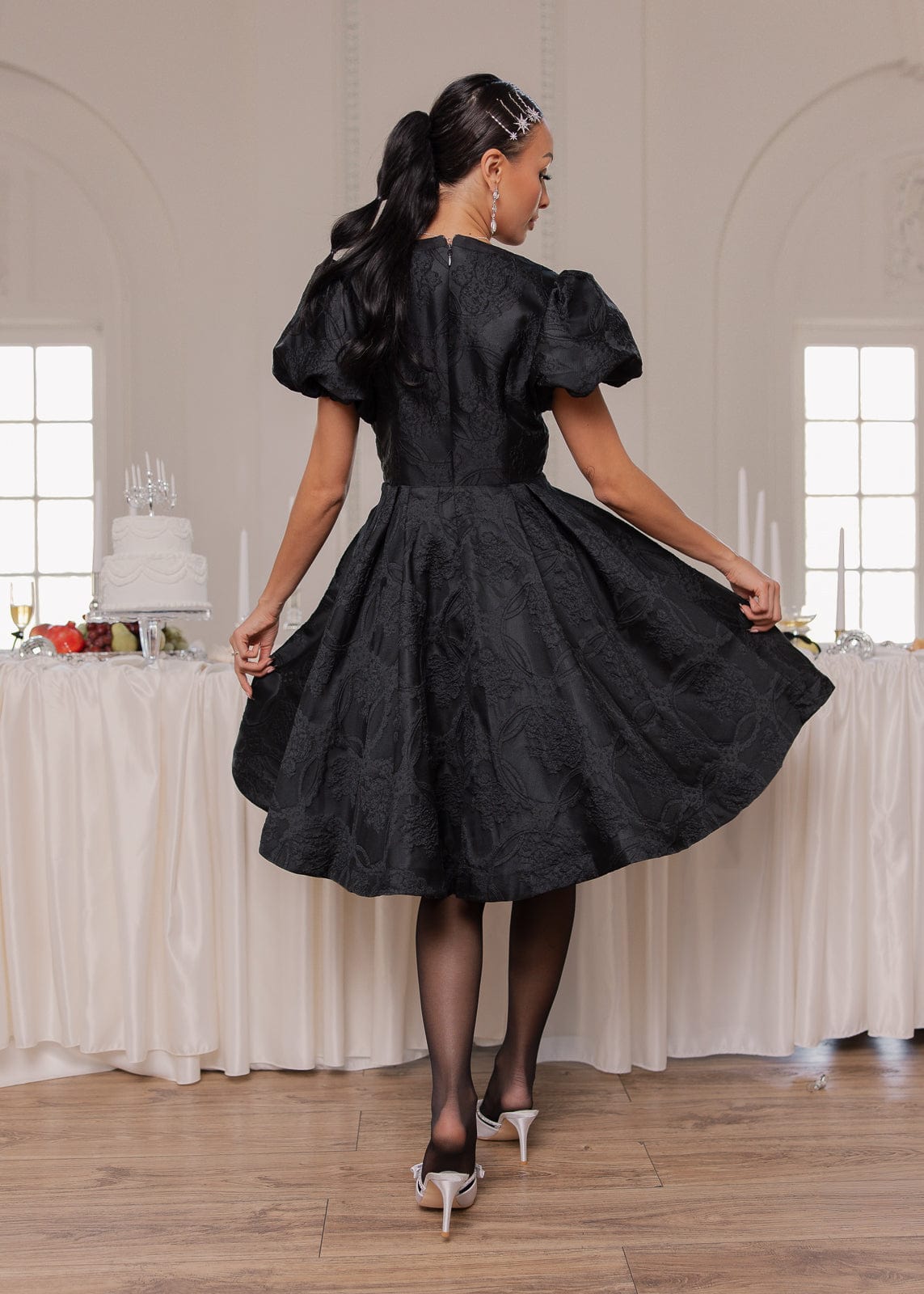 Lennon Jacquard Knee Length Dress - Black | Occasion Dress in