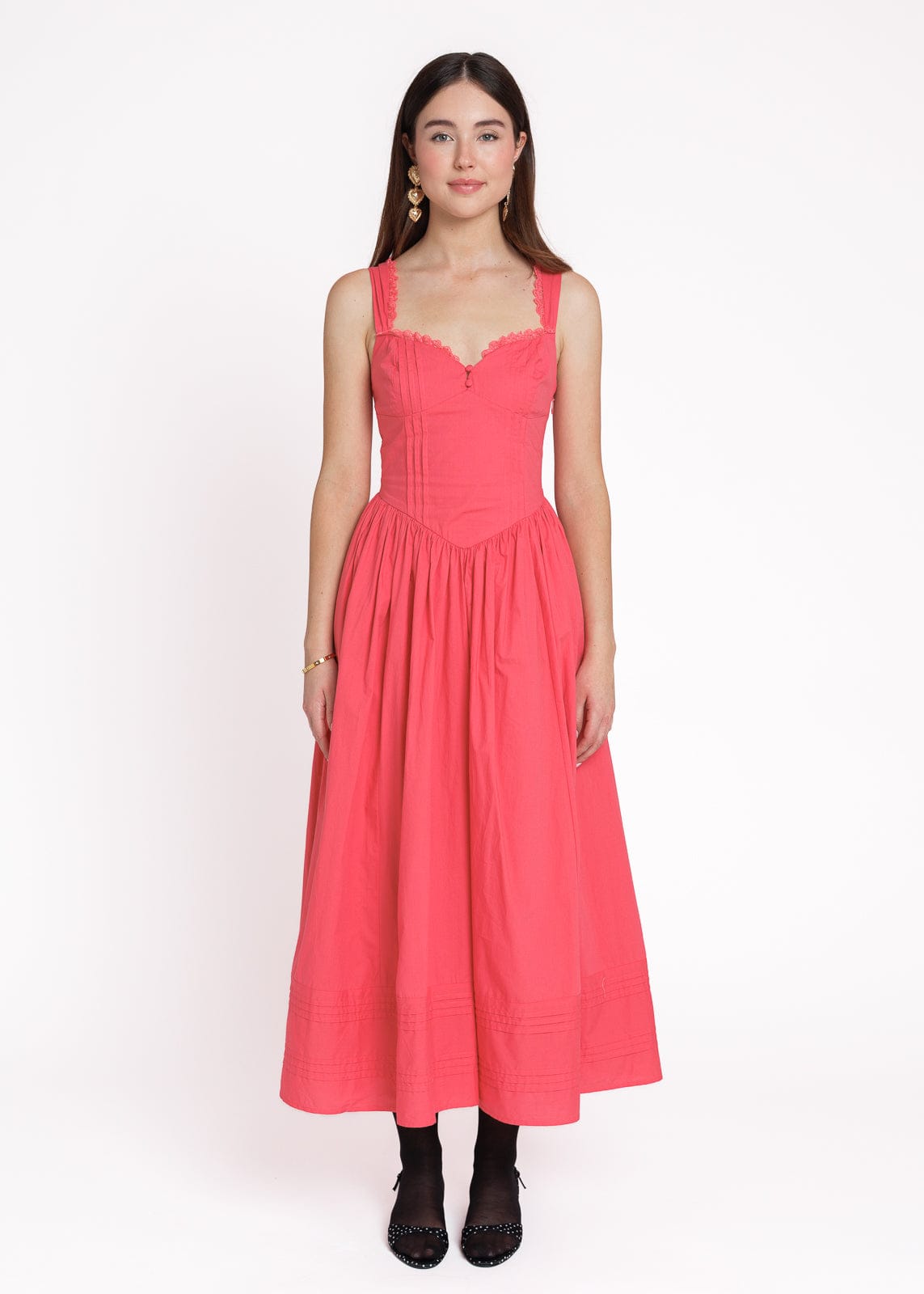 chic size inclusive model wearing JessaKae Lottie Basque Waist Floral Midi Dress - White