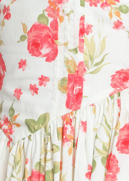 chic size inclusive model wearing JessaKae Lottie Basque Waist Floral Midi Dress - White