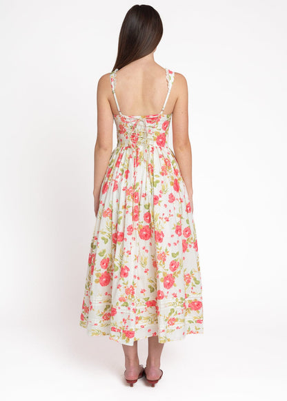 chic size inclusive model wearing JessaKae Lottie Basque Waist Floral Midi Dress - White