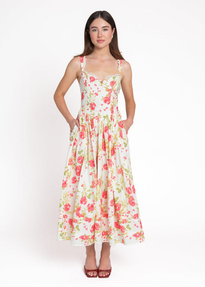 chic size inclusive model wearing JessaKae Lottie Basque Waist Floral Midi Dress - White