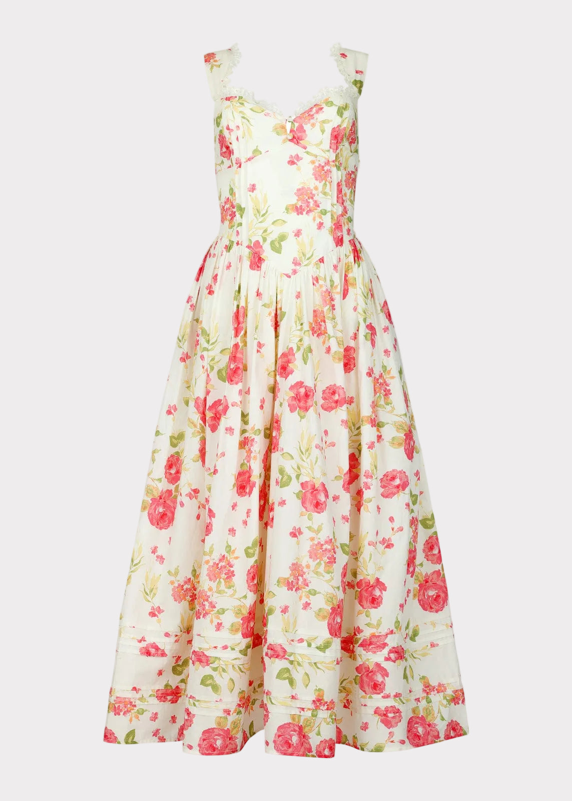 chic size inclusive model wearing JessaKae Lottie Basque Waist Floral Midi Dress - White