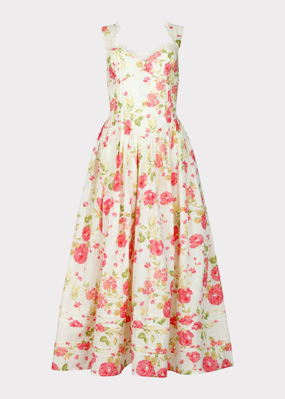 chic size inclusive model wearing JessaKae Lottie Basque Waist Floral Midi Dress - White