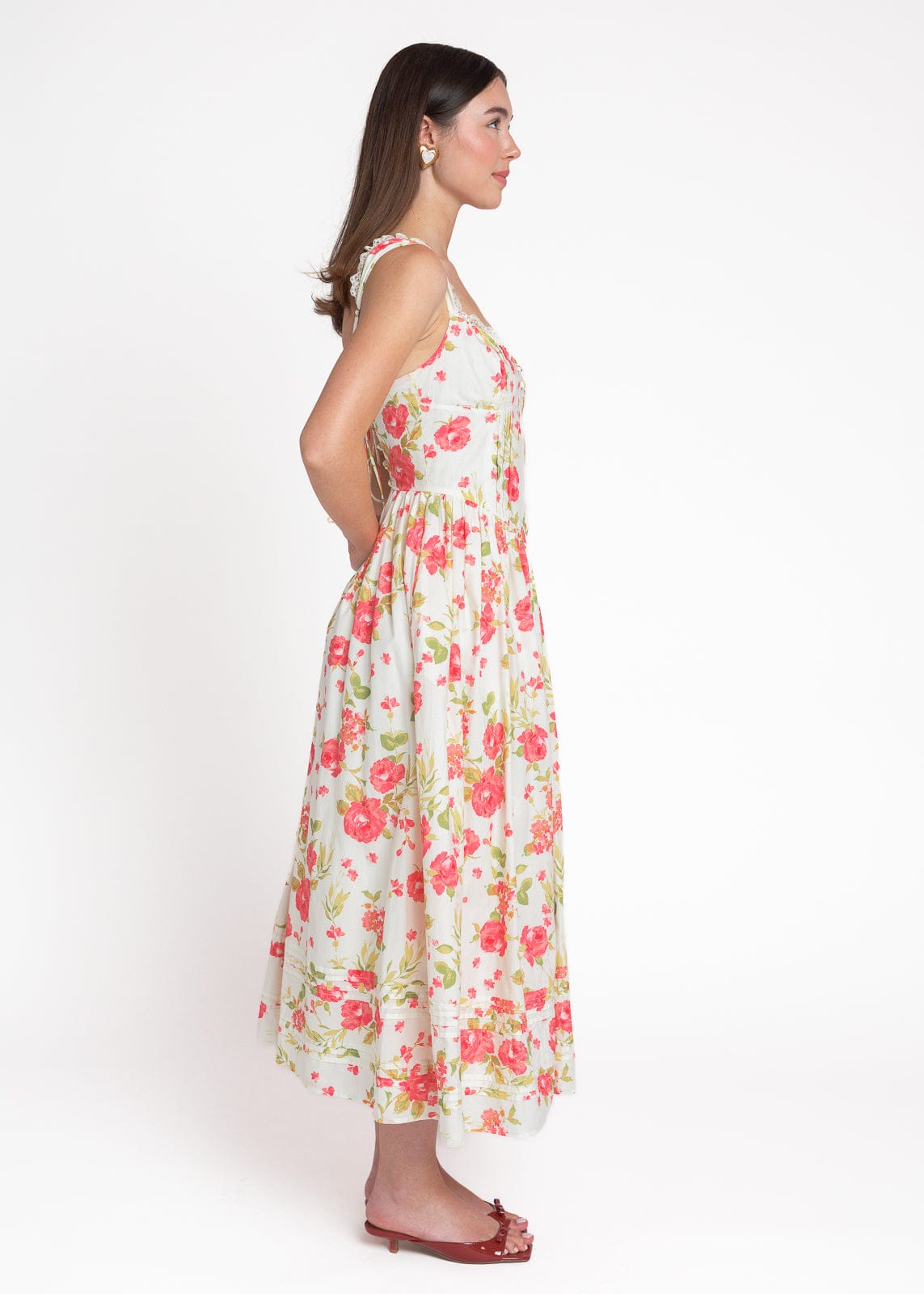 chic size inclusive model wearing JessaKae Lottie Basque Waist Floral Midi Dress - White