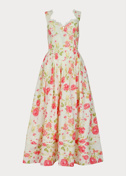 chic size inclusive model wearing JessaKae Lottie Basque Waist Floral Midi Dress - White