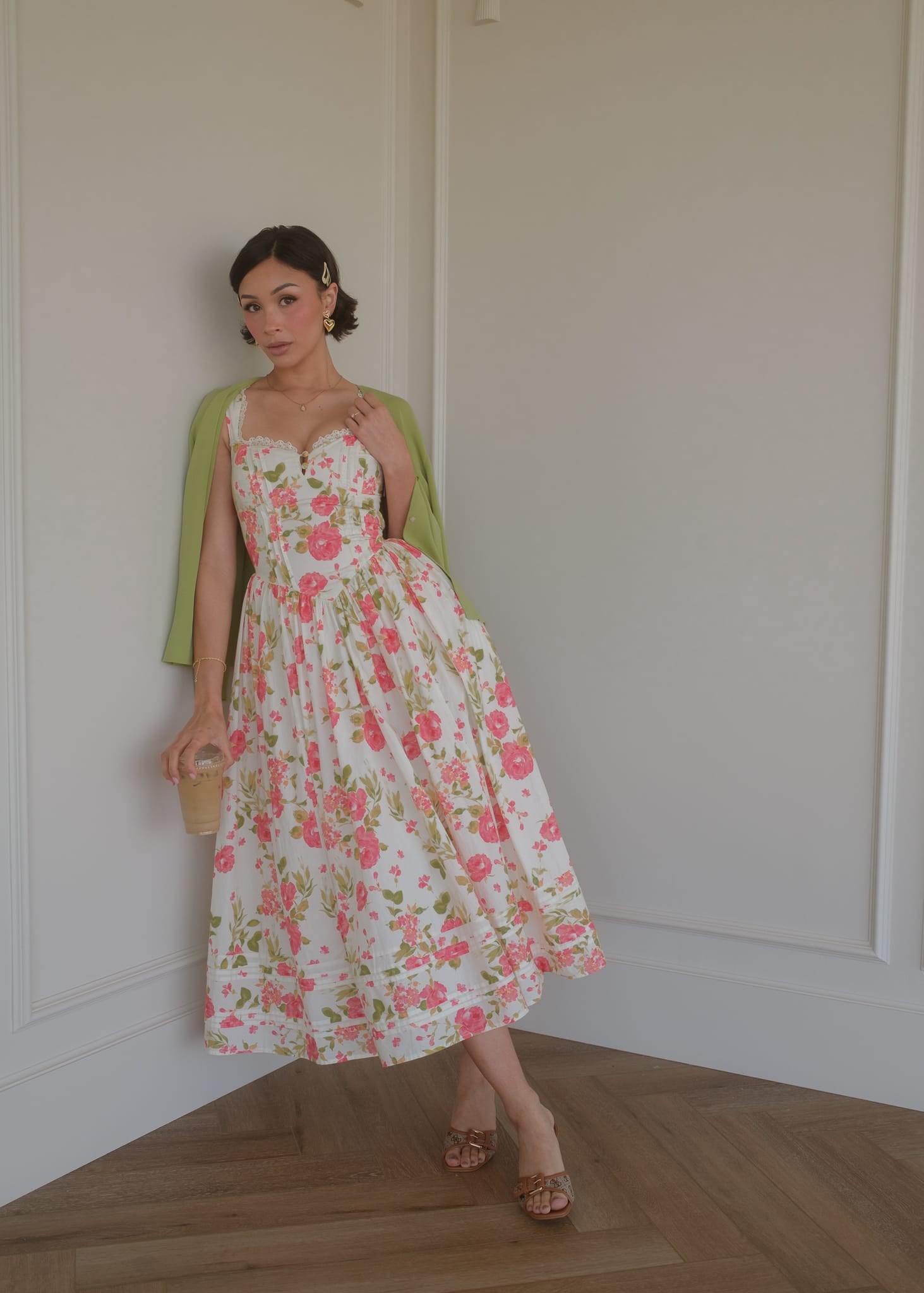 chic size inclusive model wearing JessaKae Lottie Basque Waist Floral Midi Dress - White Dresses