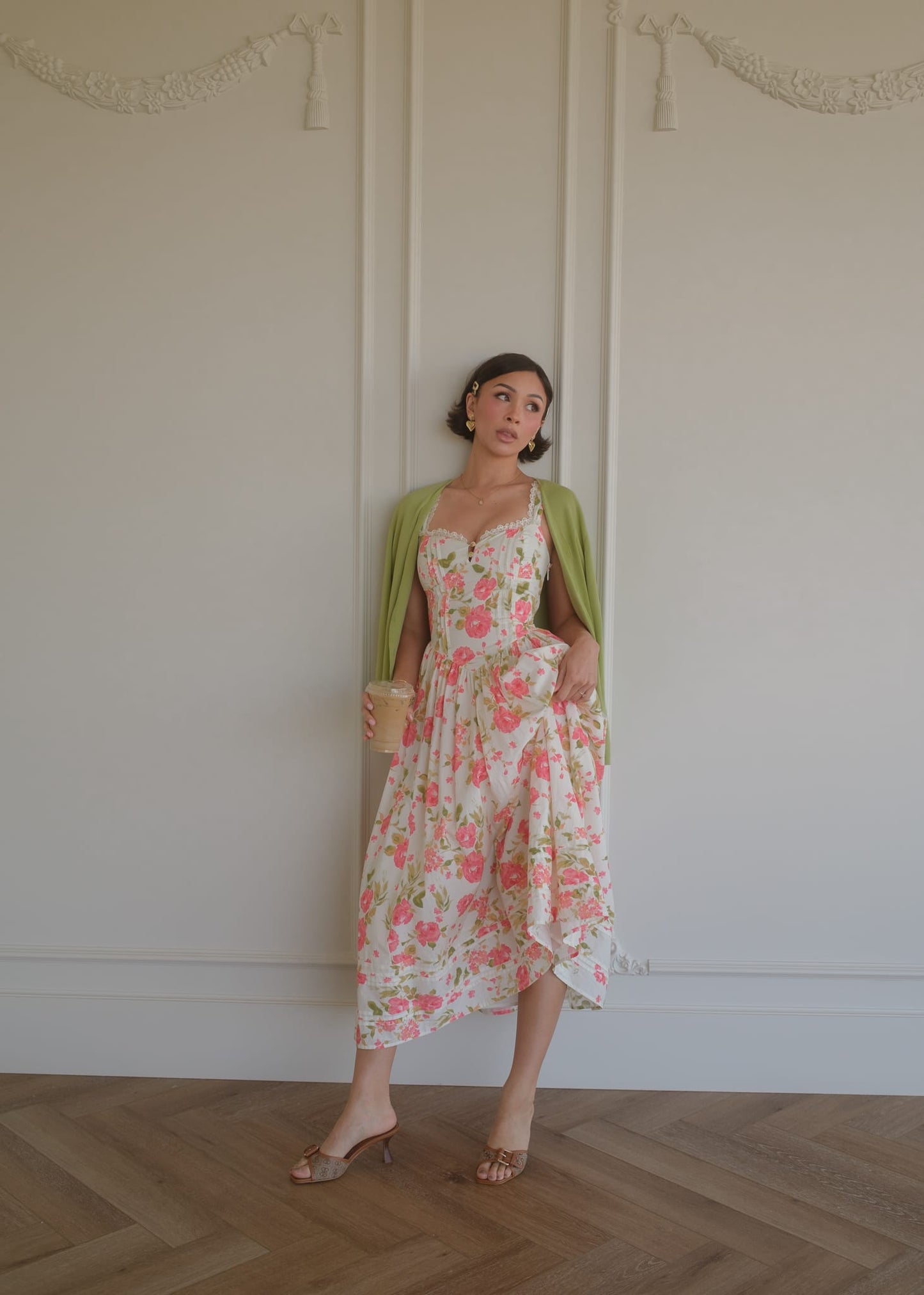 chic size inclusive model wearing JessaKae Lottie Basque Waist Floral Midi Dress - White Dresses