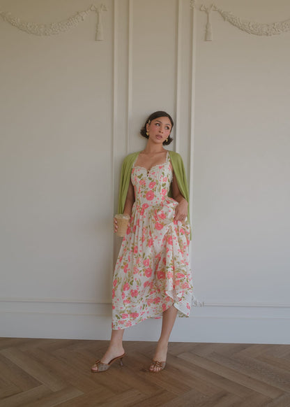 chic size inclusive model wearing JessaKae Lottie Basque Waist Floral Midi Dress - White Dresses