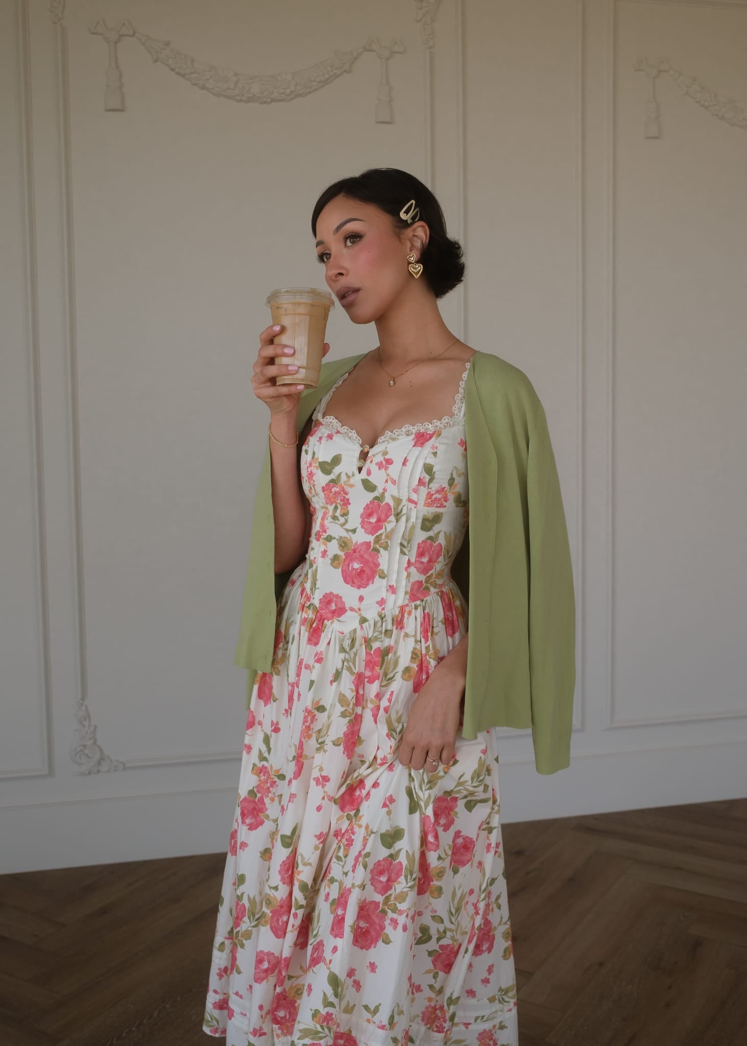 chic size inclusive model wearing JessaKae Lottie Basque Waist Floral Midi Dress - White Dresses