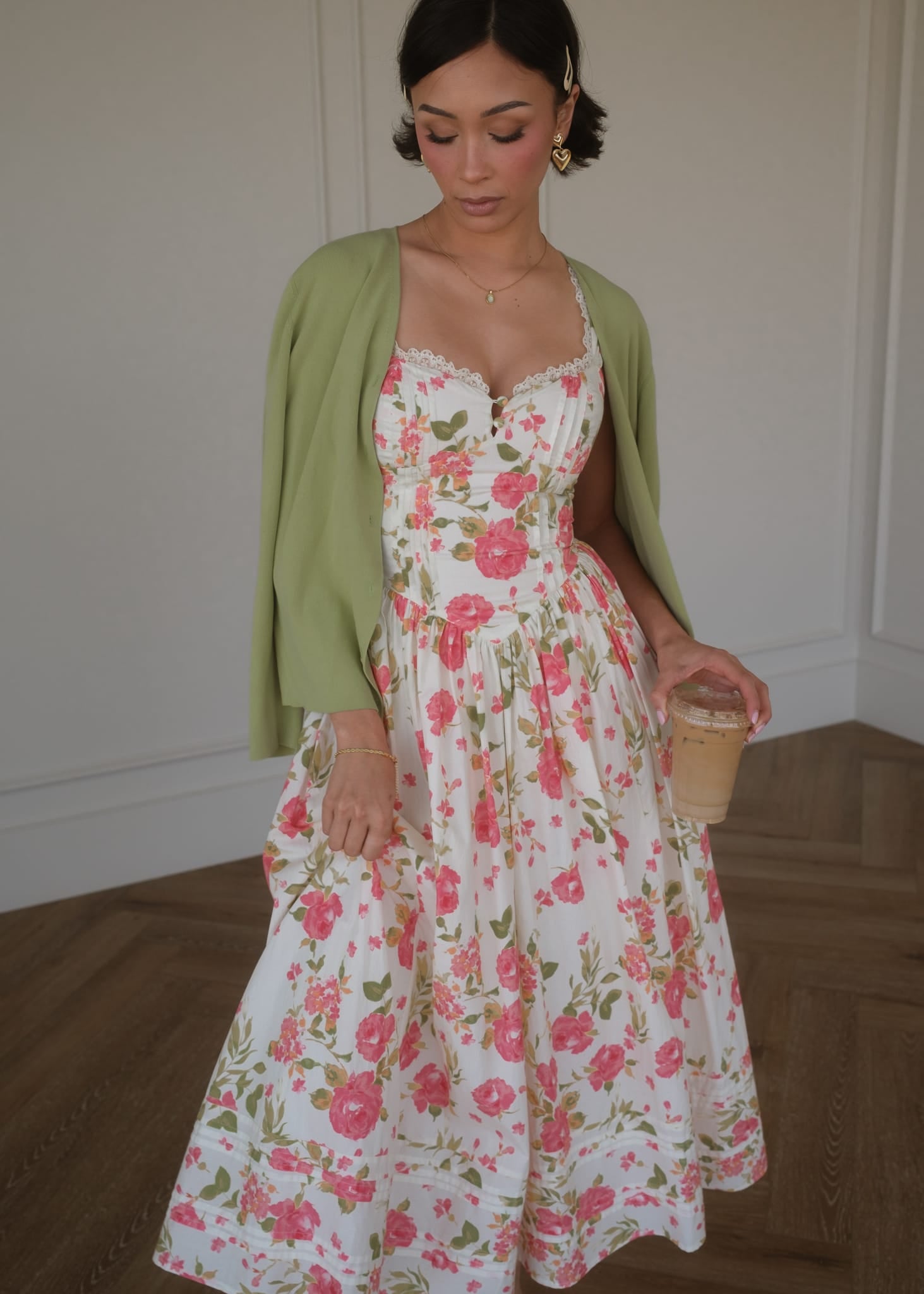 chic size inclusive model wearing JessaKae Lottie Basque Waist Floral Midi Dress - White Dresses