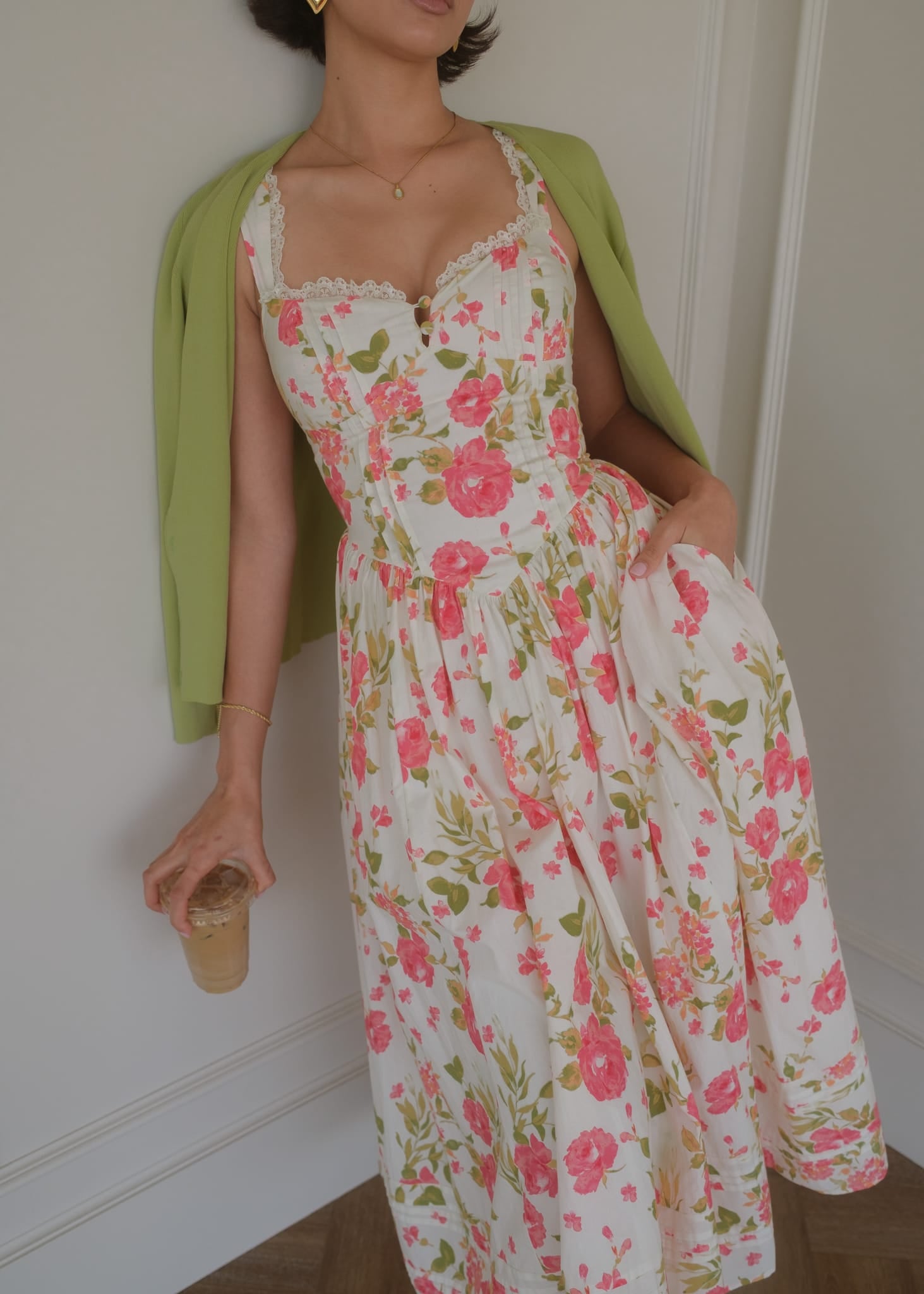 chic size inclusive model wearing JessaKae Lottie Basque Waist Floral Midi Dress - White Dresses