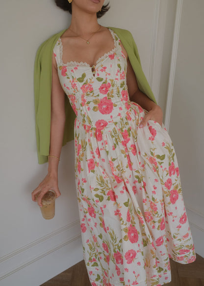 chic size inclusive model wearing JessaKae Lottie Basque Waist Floral Midi Dress - White Dresses