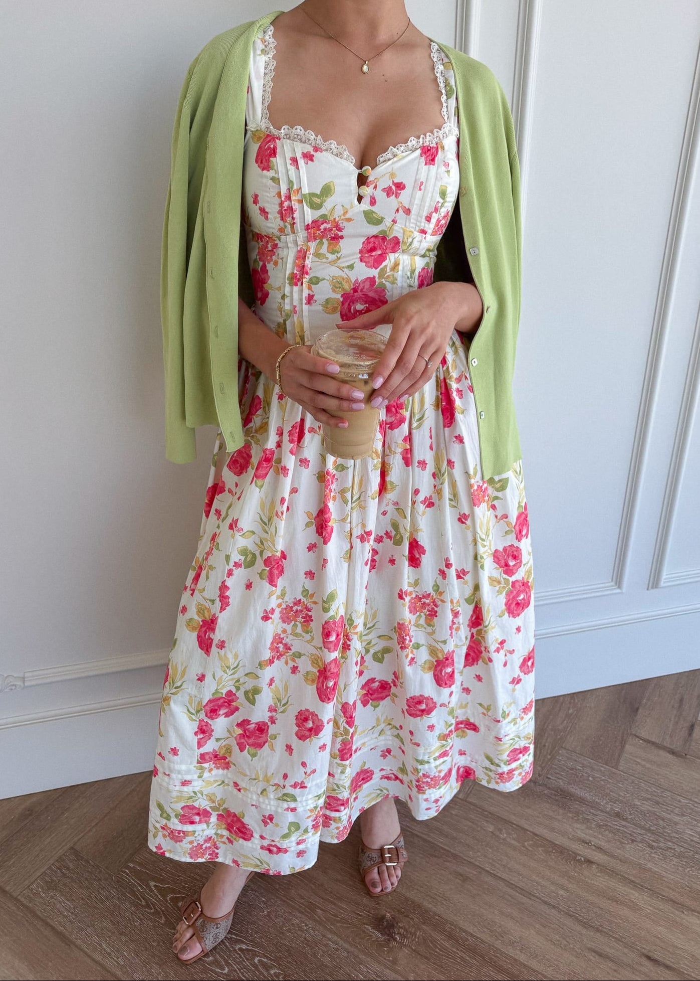 chic size inclusive model wearing JessaKae Lottie Basque Waist Floral Midi Dress - White Dresses