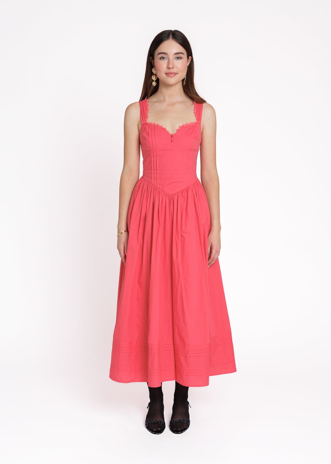 chic size inclusive model wearing JessaKae Lottie Basque Waist Midi Dress - Coral