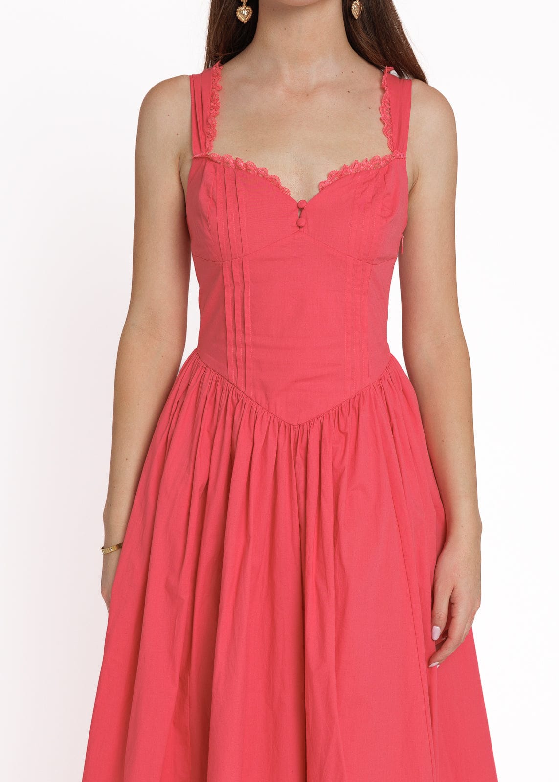 chic size inclusive model wearing JessaKae Lottie Basque Waist Midi Dress - Coral