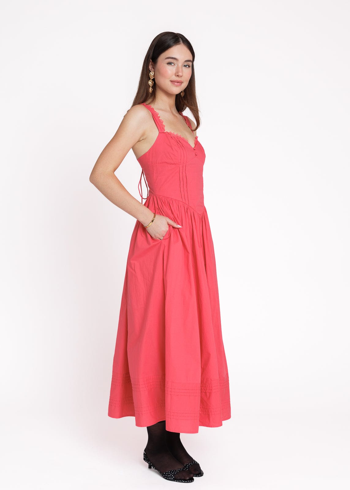 chic size inclusive model wearing JessaKae Lottie Basque Waist Midi Dress - Coral