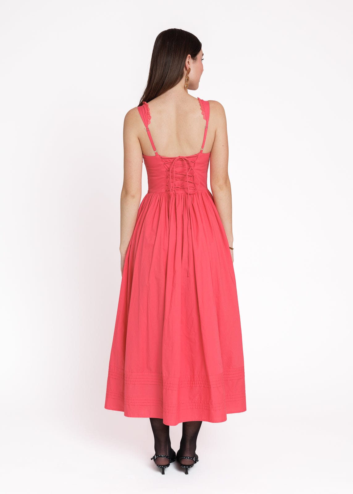 chic size inclusive model wearing JessaKae Lottie Basque Waist Midi Dress - Coral