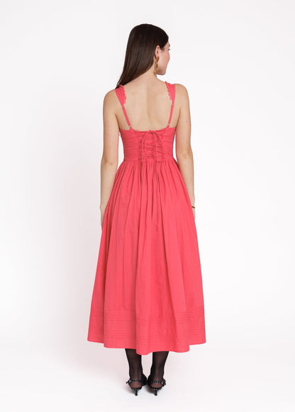 chic size inclusive model wearing JessaKae Lottie Basque Waist Midi Dress - Coral