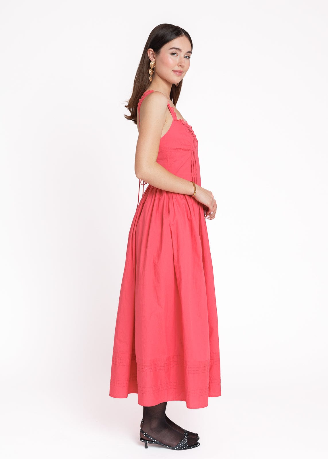 chic size inclusive model wearing JessaKae Lottie Basque Waist Midi Dress - Coral