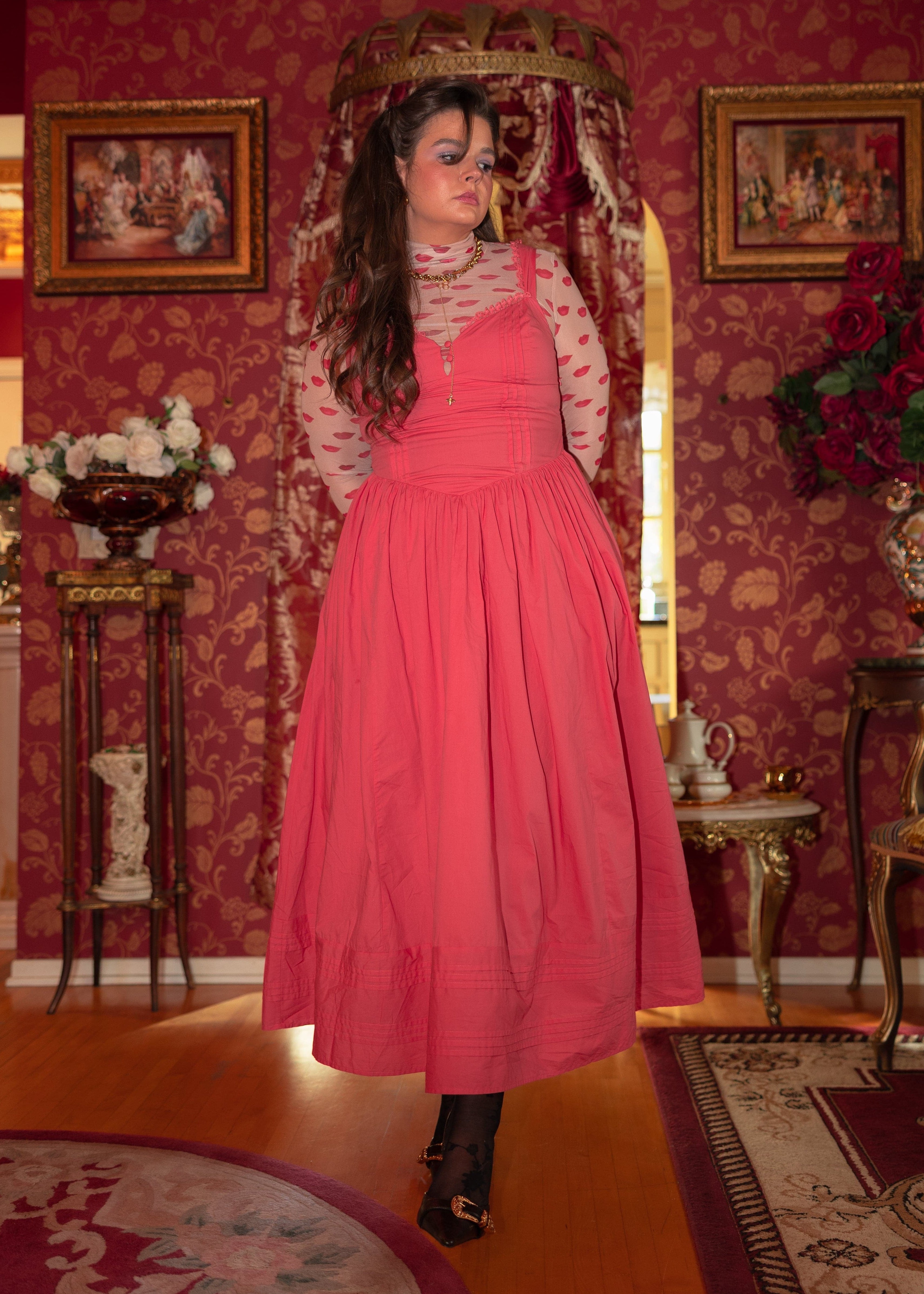 Lottie Basque Waist Midi Dress - Coral | Occasion Dress in Sizes