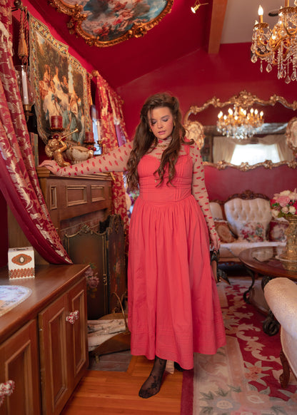 chic size inclusive model wearing JessaKae Lottie Basque Waist Midi Dress - Coral