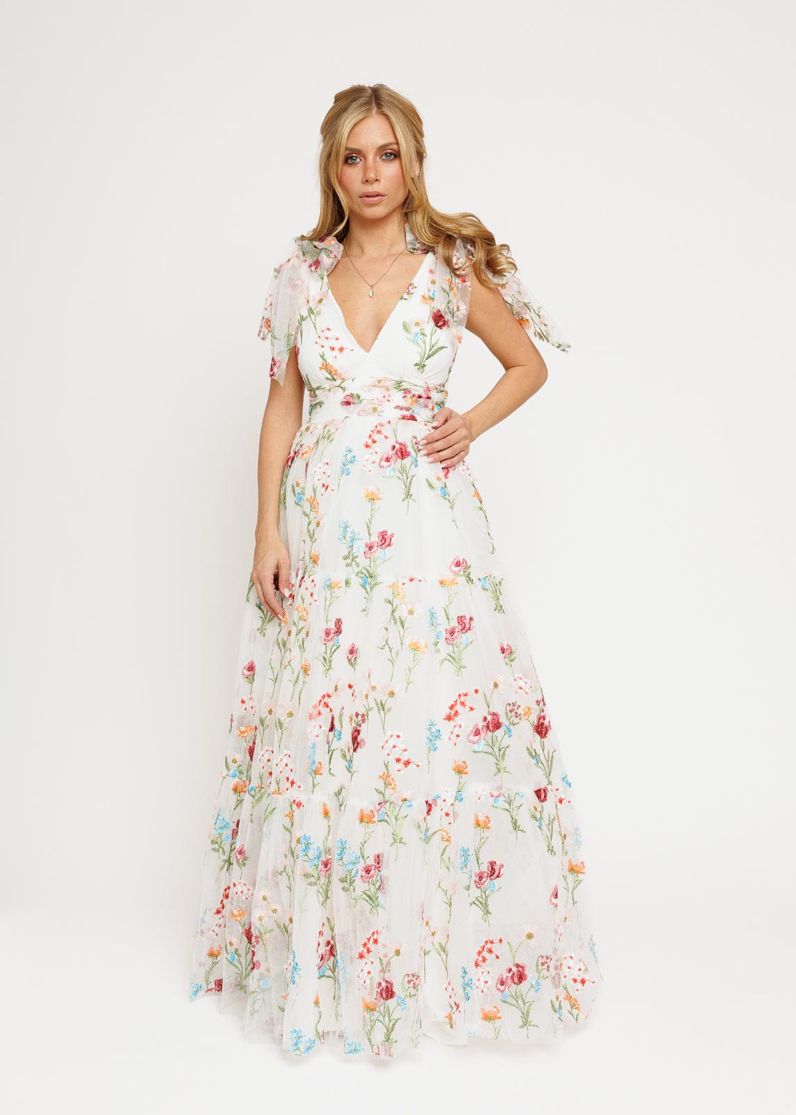 chic size inclusive model wearing JessaKae Margaret Floral Embroidered Maxi Wedding Dress Dresses