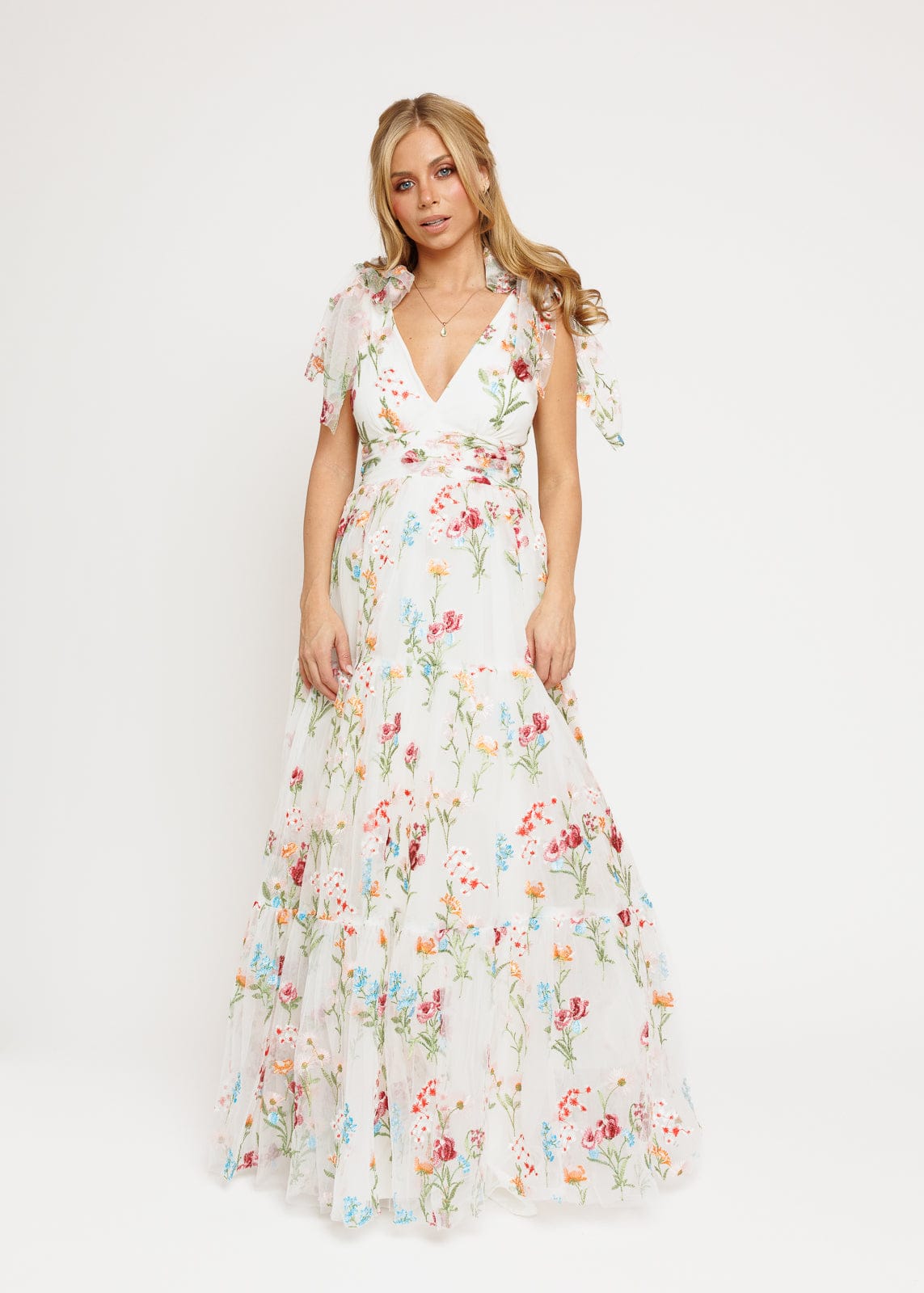 chic size inclusive model wearing JessaKae Margaret Floral Embroidered Maxi Wedding Dress Dresses