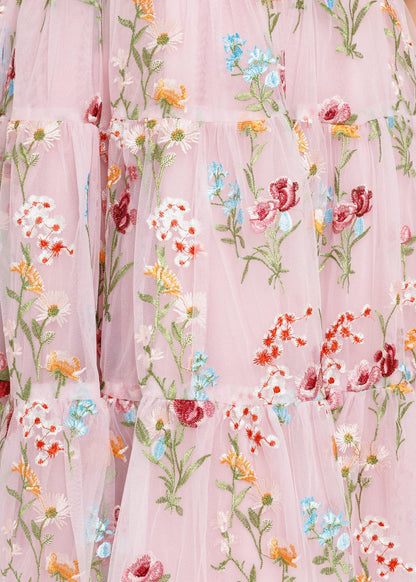 chic size inclusive model wearing JessaKae Margaret Floral Embroidered Midi Dress Pink Dresses