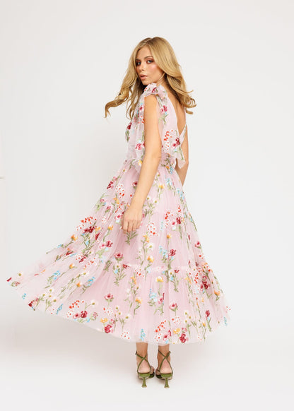 chic size inclusive model wearing JessaKae Margaret Floral Embroidered Midi Dress Pink Dresses