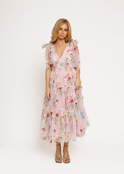 chic size inclusive model wearing JessaKae Margaret Floral Embroidered Midi Dress Pink Dresses